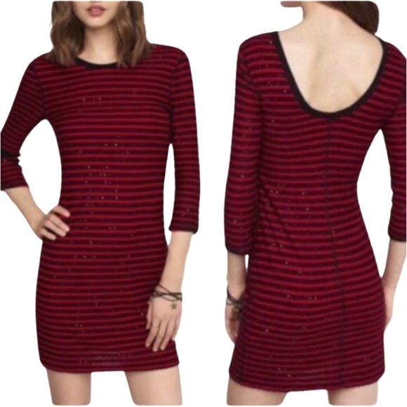 EXPRESS Red & Black Striped Sequin scoop Back Bodycon Dress - Picture 1 of 11